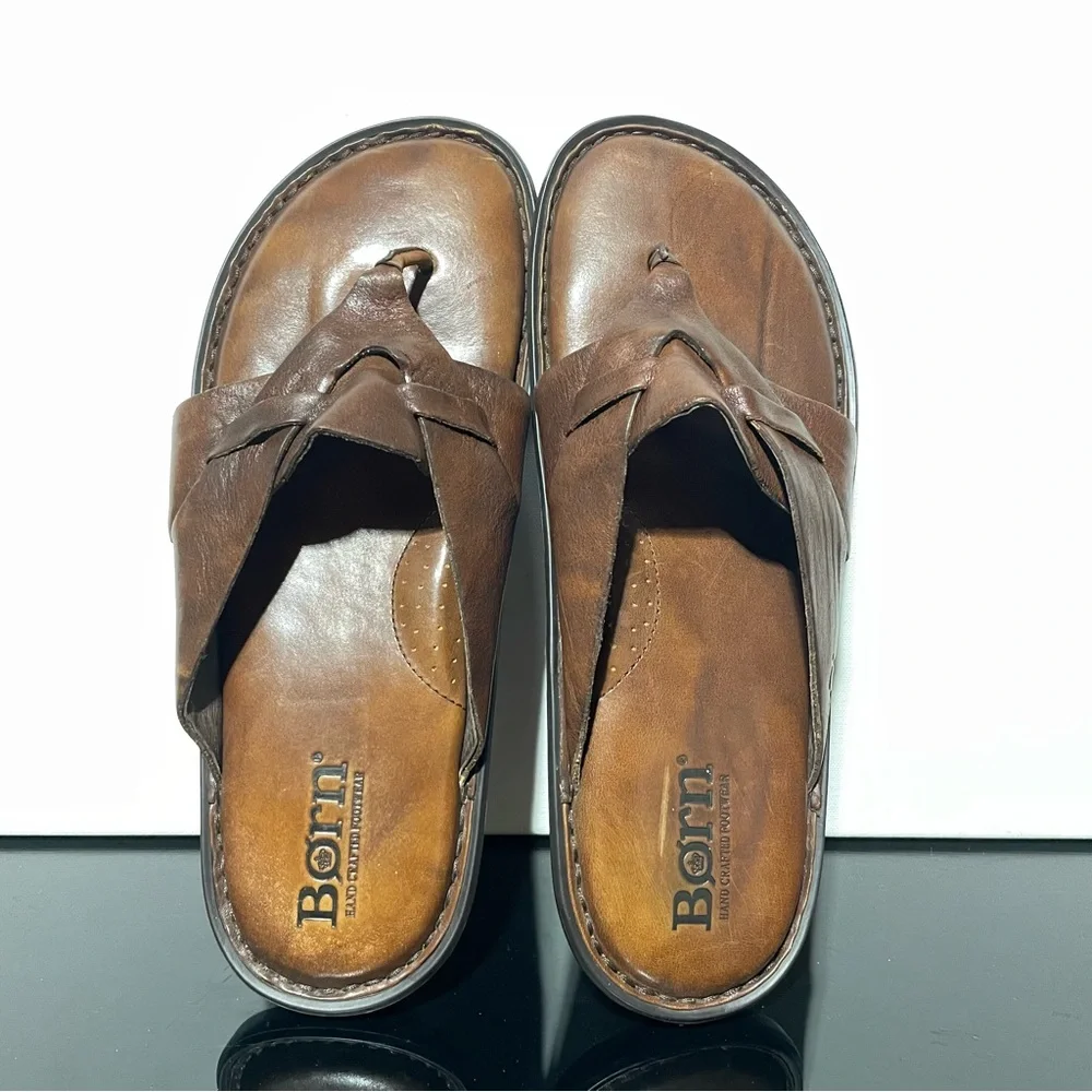 Born Men's 11 Dark Brown Leather Flip-Flops Sandals Crisscross Strap Handcrafted - Picture 10 of 10